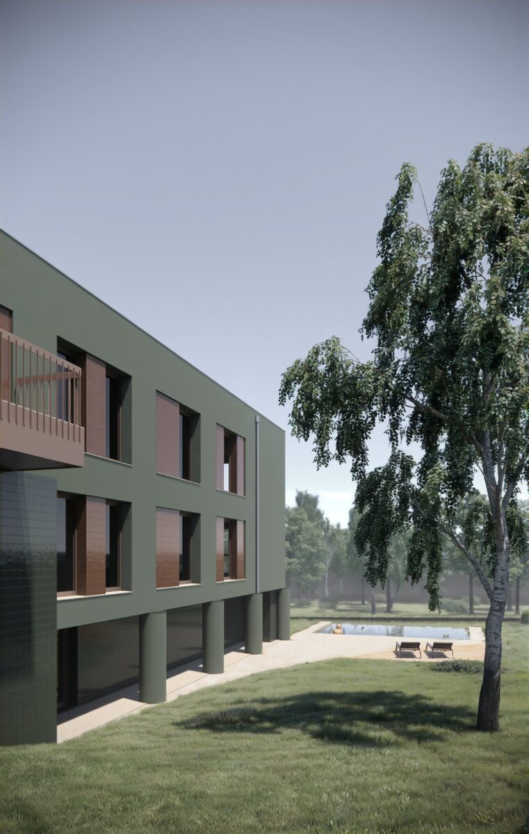 Vista da piscina e jardim